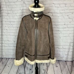 VINTAGE Colebrook Brown Suede Leather Jacket Faux Fur Trim Large